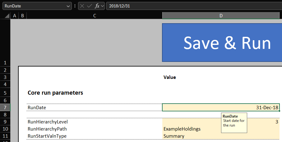 The RunControl sheet in Excel